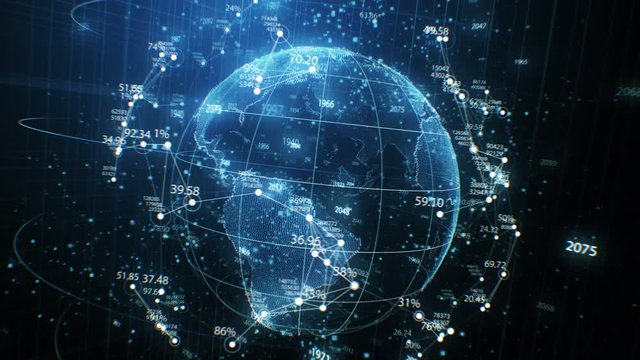 Earth Planet Hologram and Network Grid with Numbers Seamless Rotation in Cyberspace Elements. Looped 3d Animation. Futuristic Business and Technology Concept 4k Ultra HD 3840x2160