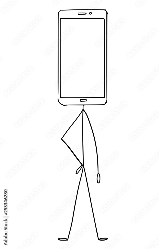 Poster cartoon stick figure drawing conceptual illustration of character with mobile phone display as head.