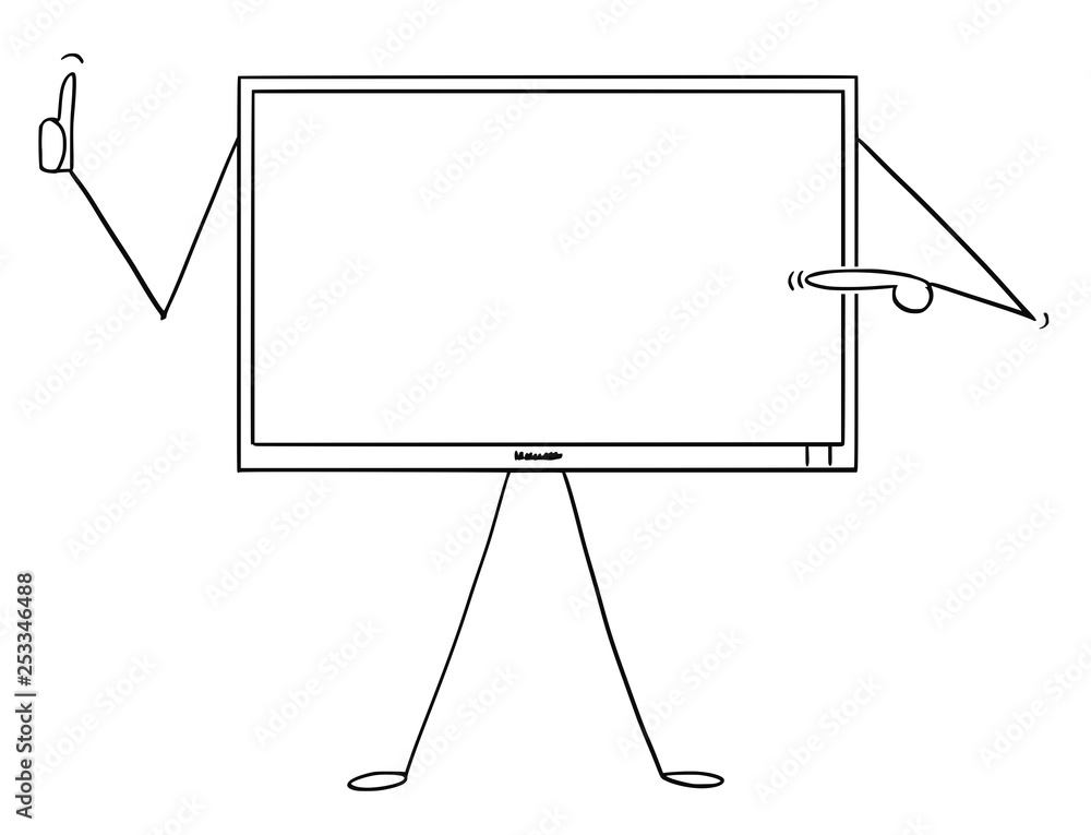 Poster cartoon stick figure drawing conceptual illustration of computer or tv or television monitor charact