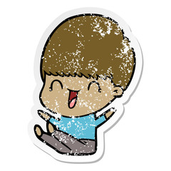 distressed sticker of a happy cartoon boy