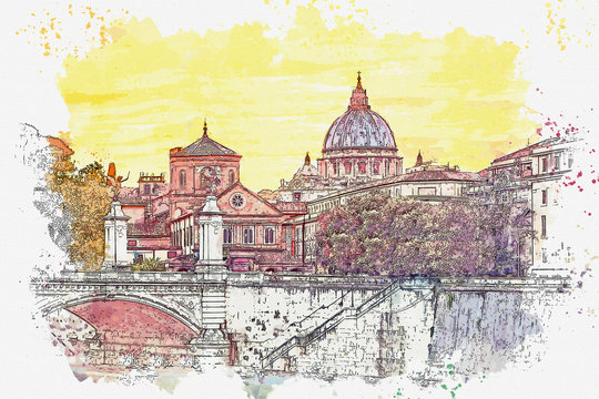 Watercolor sketch or illustration of a beautiful view at St. Peter's cathedral in Rome in Italy