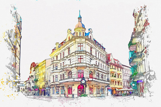 Watercolor sketch or illustration of a beautiful view of the traditional European urban architecture in Torun in Poland