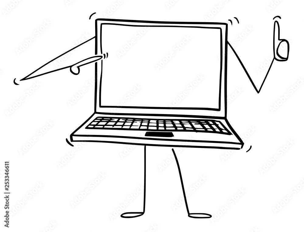 Poster cartoon stick figure drawing conceptual illustration of laptop or notebook computer character pointi