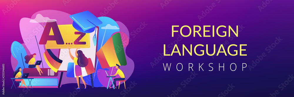 Poster foreign language workshop concept banner header.