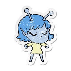 distressed sticker of a smiling alien girl cartoon
