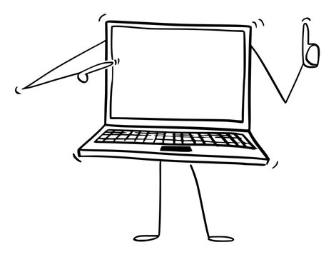Cartoon stick figure drawing conceptual illustration of laptop or notebook computer character pointing at empty screen and showing thumb up. There is space for your text.