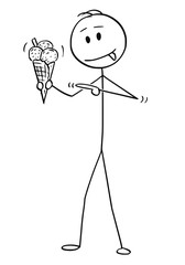 Cartoon stick figure drawing conceptual illustration of man holding ice cream cone and pointing at it.