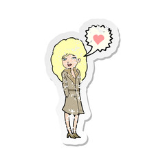 retro distressed sticker of a cartoon trenchcoat wearing woman in love