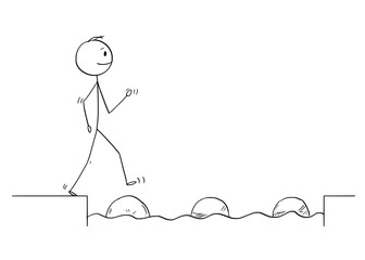 Cartoon stick figure drawing conceptual illustration of man or businessman stepping on big stones to get over water obstacle on his way to success.Business concept.