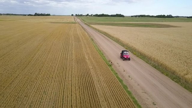 Aerial shot of a dog running alongside a red ATV driving along a dirt road next to golden wheat fields on a farm in Kansas, USA
