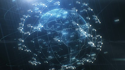 Earth Globe Hologram Spinning Seamless, Network Growing and Numbers Around. Abstract Beautiful Looped 3d Animation Cyberspace. Futuristic Business and Technology Concept 4k UHD 3840x2160 - Powered by Adobe