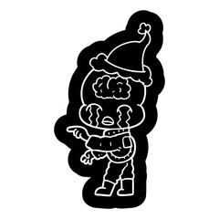 cartoon icon of a big brain alien crying and pointing wearing santa hat