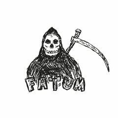 Character Death with scythe and handwritten text Fatum. Sketch, grunge, scribble. Vector illustration. - obrazy, fototapety, plakaty