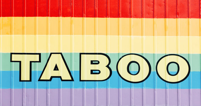 Rainbow flag on a brick wall with message " taboo"
