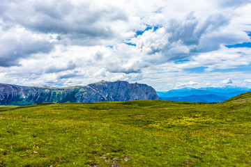 Alpe di Siusi, Seiser Alm with Sassolungo Langkofel Dolomite, a large green field with a mountain in the background