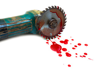 Hand and circular saw disc bloody on white background, Safety first, Dangers of using power tools © Thicha