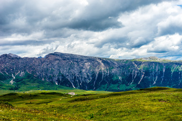 Alpe di Siusi, Seiser Alm with Sassolungo Langkofel Dolomite, a large green field with a mountain in the background