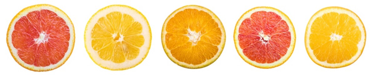 Citrus fruit.  Slices isolated on white background. Collection.