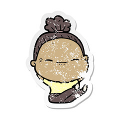 distressed sticker of a cartoon peaceful old woman