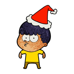 textured cartoon of a curious boy wearing santa hat