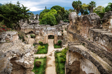 View to ruins in Hermano Pedro with garden, Antigua, Guatemala