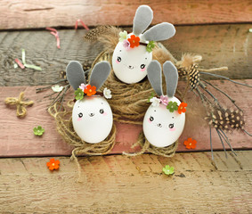 Easter decoration for home, handmade work, cute eggshell rabbit in nest,
