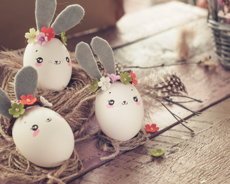 Easter decoration for home, handmade work, cute eggshell rabbit in nest,