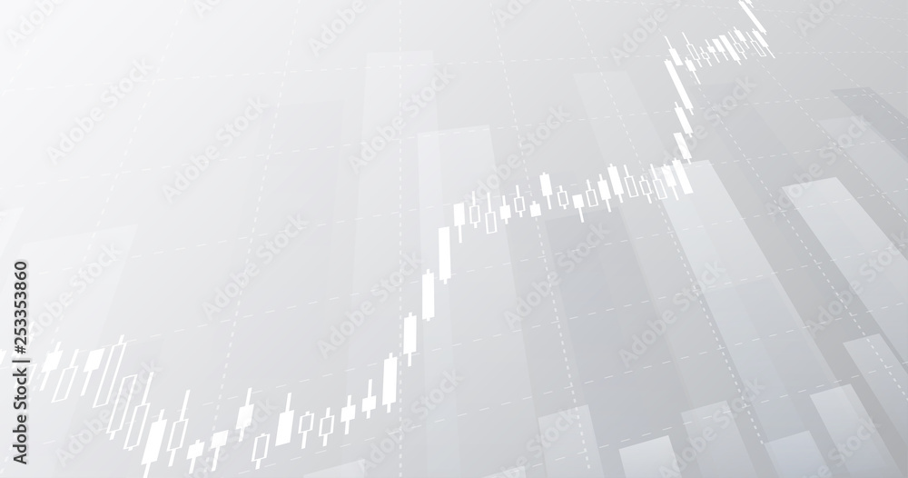Wall mural widescreen abstract financial chart with uptrend line graph and candlestick on black and white color