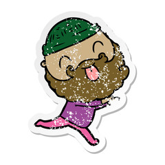 distressed sticker of a running man with beard sticking out tongue