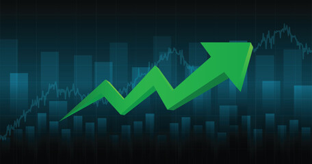 Widescreen Abstract financial graph with uptrend line arrow and bar chart of stock market in green color background