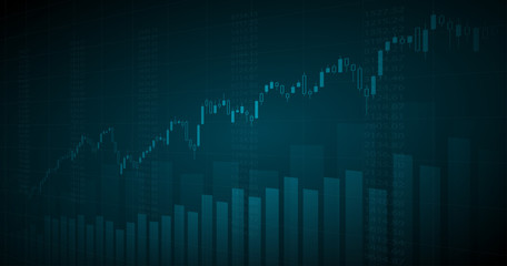 Widescreen Abstract financial graph with uptrend line and bar chart of stock market in blue color background