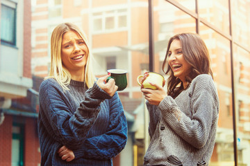 Coffee break concept outdoor enjoy chat gossip break with colleague friend 