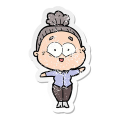 distressed sticker of a cartoon happy old woman