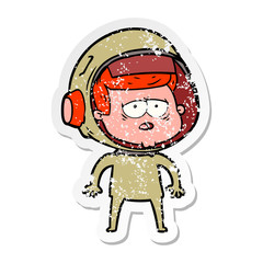 distressed sticker of a cartoon tired astronaut
