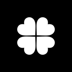 Flat monochrome clover leaf symbol for web sites and apps. Minimal simple black and white clover leaf symbol. Isolated vector white clover leaf symbol on black background.