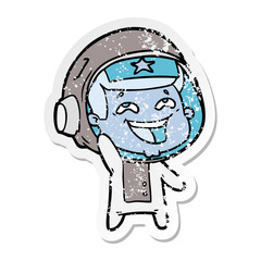 distressed sticker of a cartoon laughing astronaut