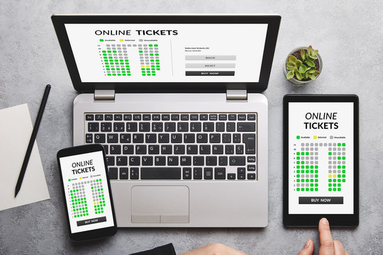 Online tickets concept on laptop, tablet and smartphone screen