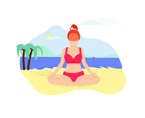 Ginger Woman Doing Yoga Asana on Seaside Beach
