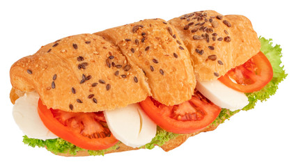 croissant sandwich with mozzarella and tomato isolated on white background