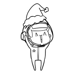 happy line drawing of a astronaut wearing santa hat