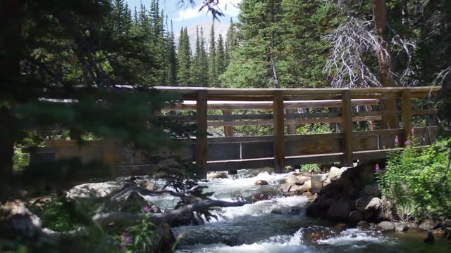 River and Bridge in Scenic Mountain Forest with Mountains in Background in slow motion