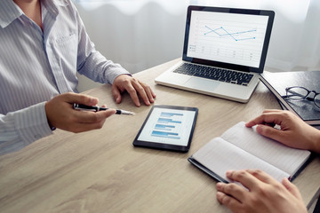 executives and discussing at business meeting, in office, colleagues management.