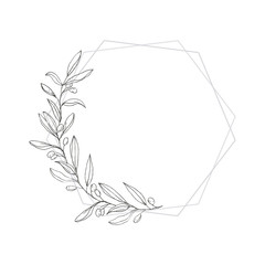 Geometric Octagonal Frame with Hand Drawn Green Olive Twig Isolated on a White Background. Vector Black Branch on Gray Frame. Retro Style Black Sketched Floral Galrand. Illustration Without Text.