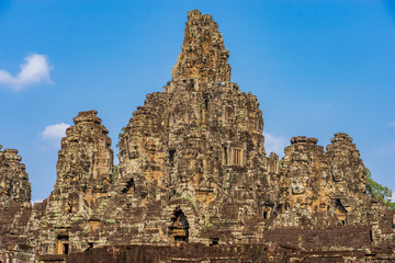 Upper part of Bayon temple in Angkor Thom, Cambodia: Sanctuary and face towers