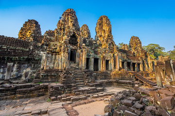 Bayon temple in Angkor Thom, Cambodia: first enclosure wall, galleries and face towers.