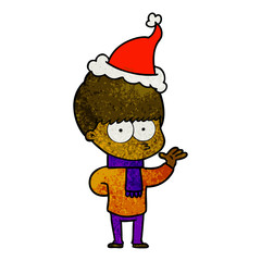 nervous textured cartoon of a boy wearing santa hat