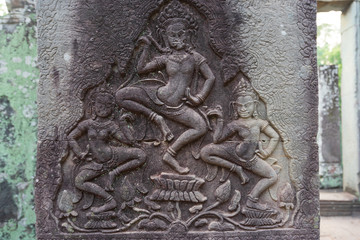 Relief of Apsara dansers in Bayon temple in Angkor Thom. Cambodia