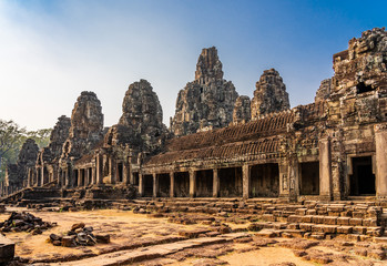 Bayon temple in Angkor Thom, Cambodia: first enclosure wall, galleries and face towers.