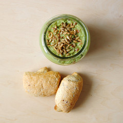 guacamole in jar and homemade fresh buns 