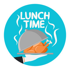 Fried chicken on a tray in the waiter's hand, lunch time.